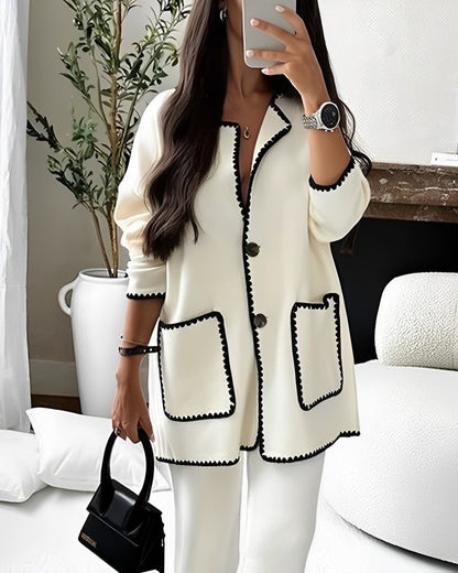 Homixa women's casual-chic outfit set with relaxed fit and contrasting trim, featuring stylish coordinated top and pants.