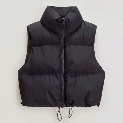 Women's casual cropped quilted puffer vest with high collar and zip front, sleeveless design by Homixa.