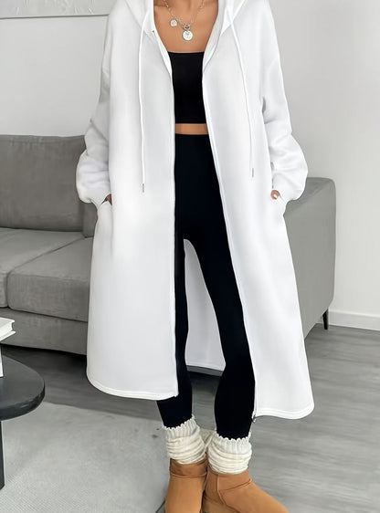 Women’s oversized hooded winter coat with zip front and side pockets, casual style by Homixa, long and warm for winter wear.
