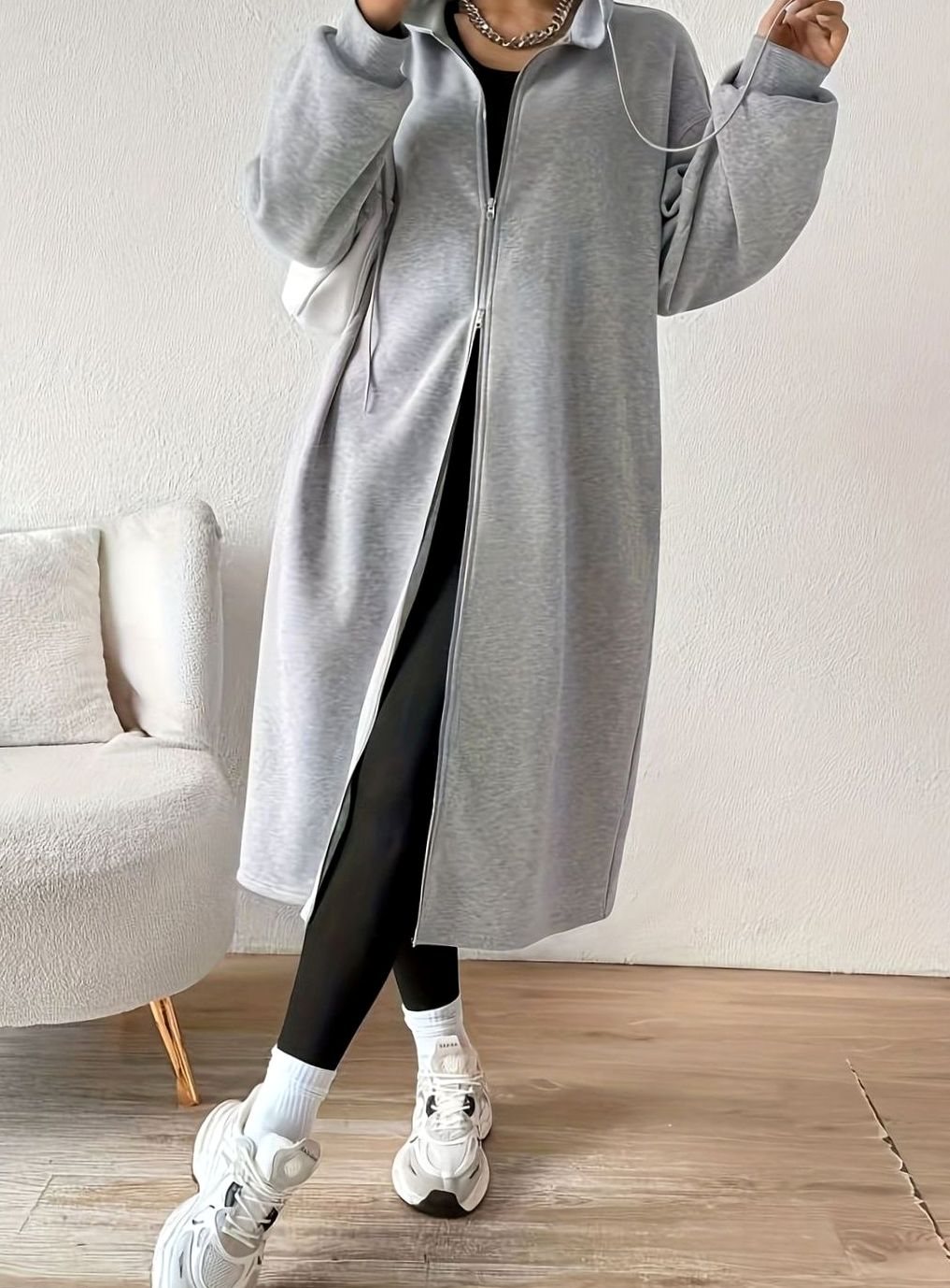 Women’s oversized casual hooded zip winter coat with side pockets, Homixa, long length and relaxed fit for cold weather.