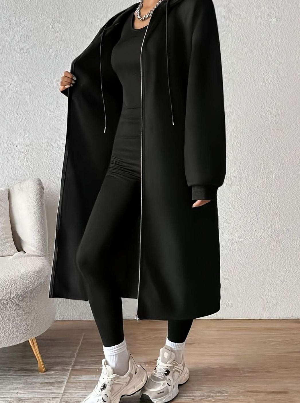 Women’s oversized hooded zip coat by Homixa, long winter coat with side pockets and casual relaxed fit.