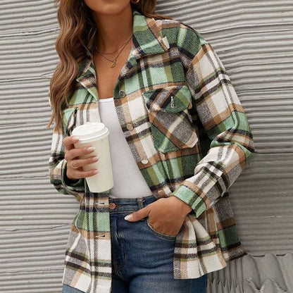 Women's relaxed-fit plaid shacket with button front and chest pockets, perfect for casual winter wear by Homixa.
