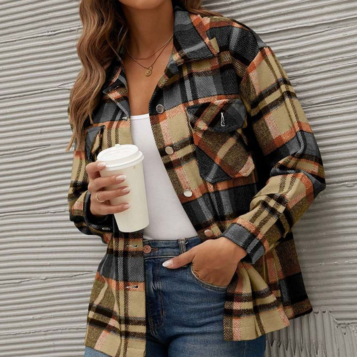Women's casual plaid shacket with button front and chest pockets, relaxed fit for winter comfort by Homixa.
