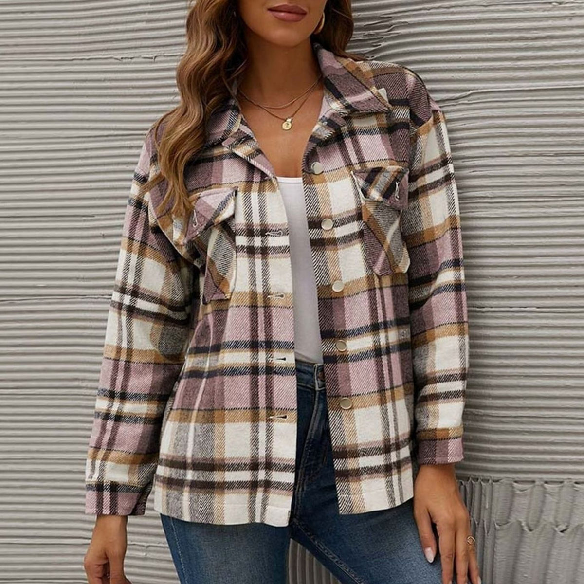 Women's relaxed-fit plaid shacket with button front and chest pockets, perfect for casual winter wear by Homixa.