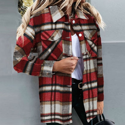 Women's relaxed-fit plaid shacket by Homixa with button front and chest pockets, perfect for casual winter wear.