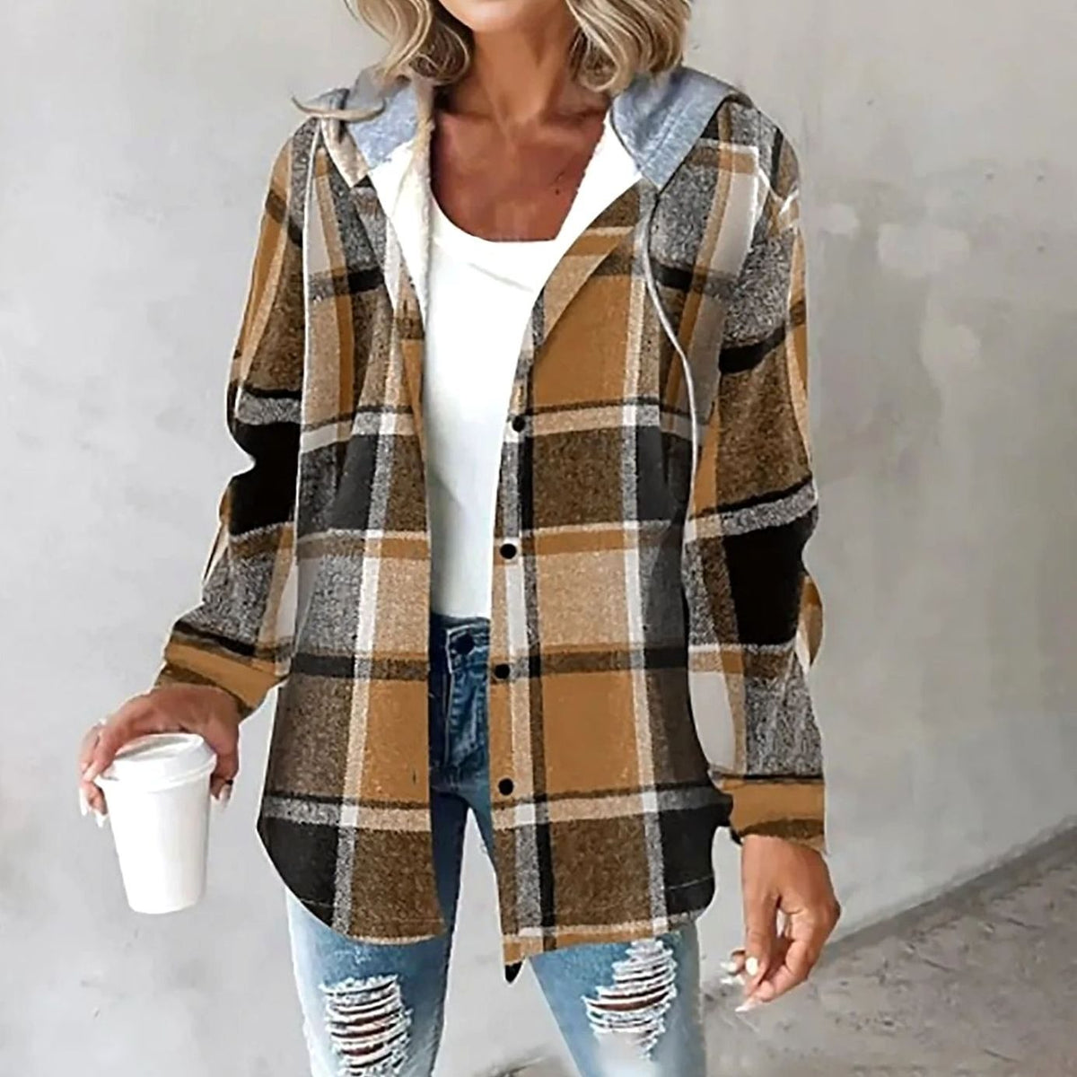 Women's plaid shacket from Homixa featuring a relaxed fit, hood, snap front, ideal for casual winter wear.
