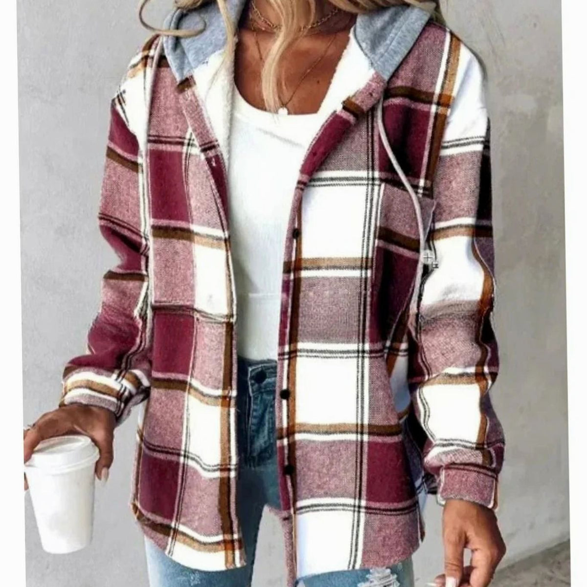 Women's relaxed-fit plaid hooded winter shacket with snap front, casual style, from Homixa.