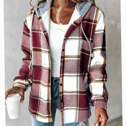 Women's relaxed-fit plaid hooded winter shacket with snap front, casual style, from Homixa.
