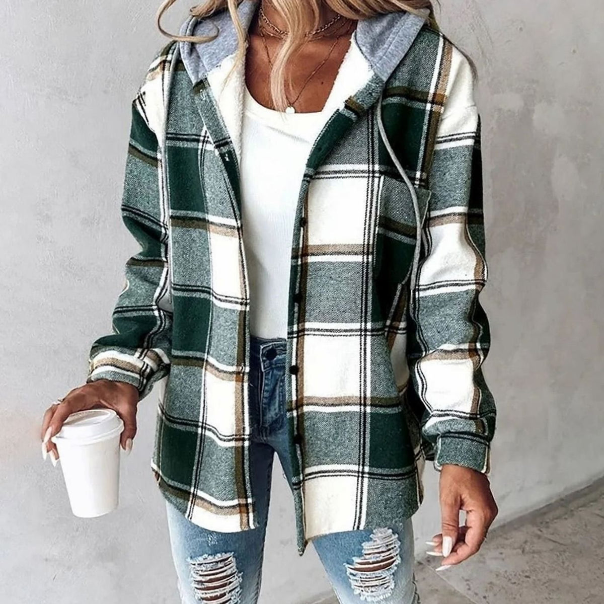 Women's casual plaid hooded winter shacket with snap front, relaxed fit, cozy and stylish Homixa plaid shacket for chilly days.