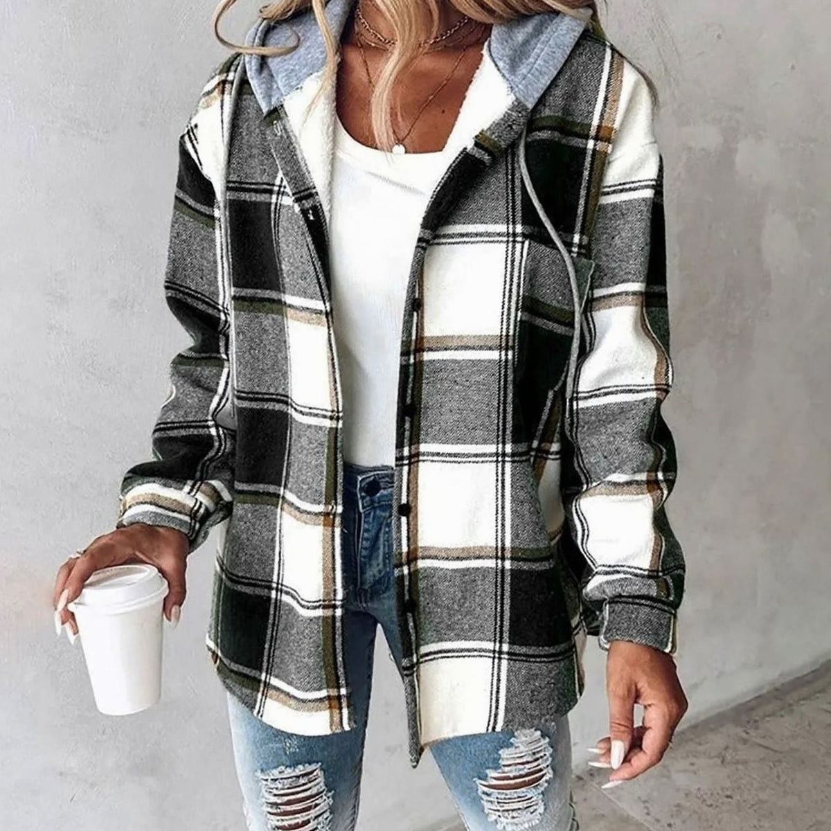 Women's plaid shacket by Homixa, relaxed-fit winter coat with hood, snap front and casual style, featuring classic plaid pattern.