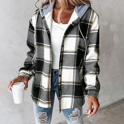 Women's relaxed-fit plaid shacket with hood, snap front, ideal for casual winter wear, by Homixa.