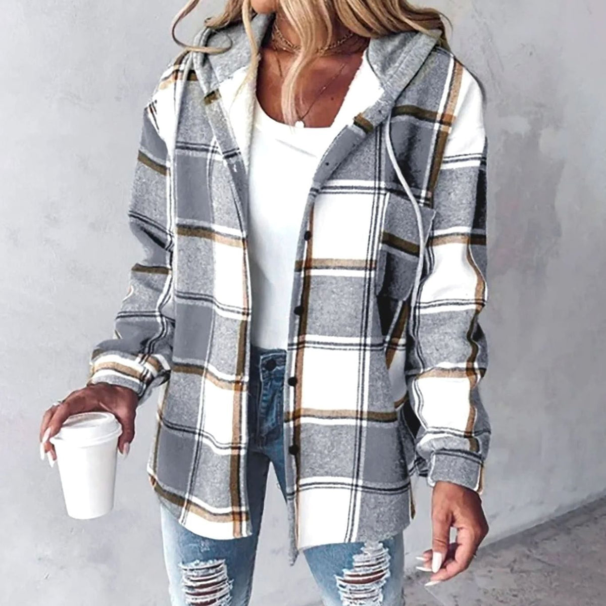 Women’s casual plaid shacket with a hood, relaxed fit, snap front, ideal for winter, by Homixa.