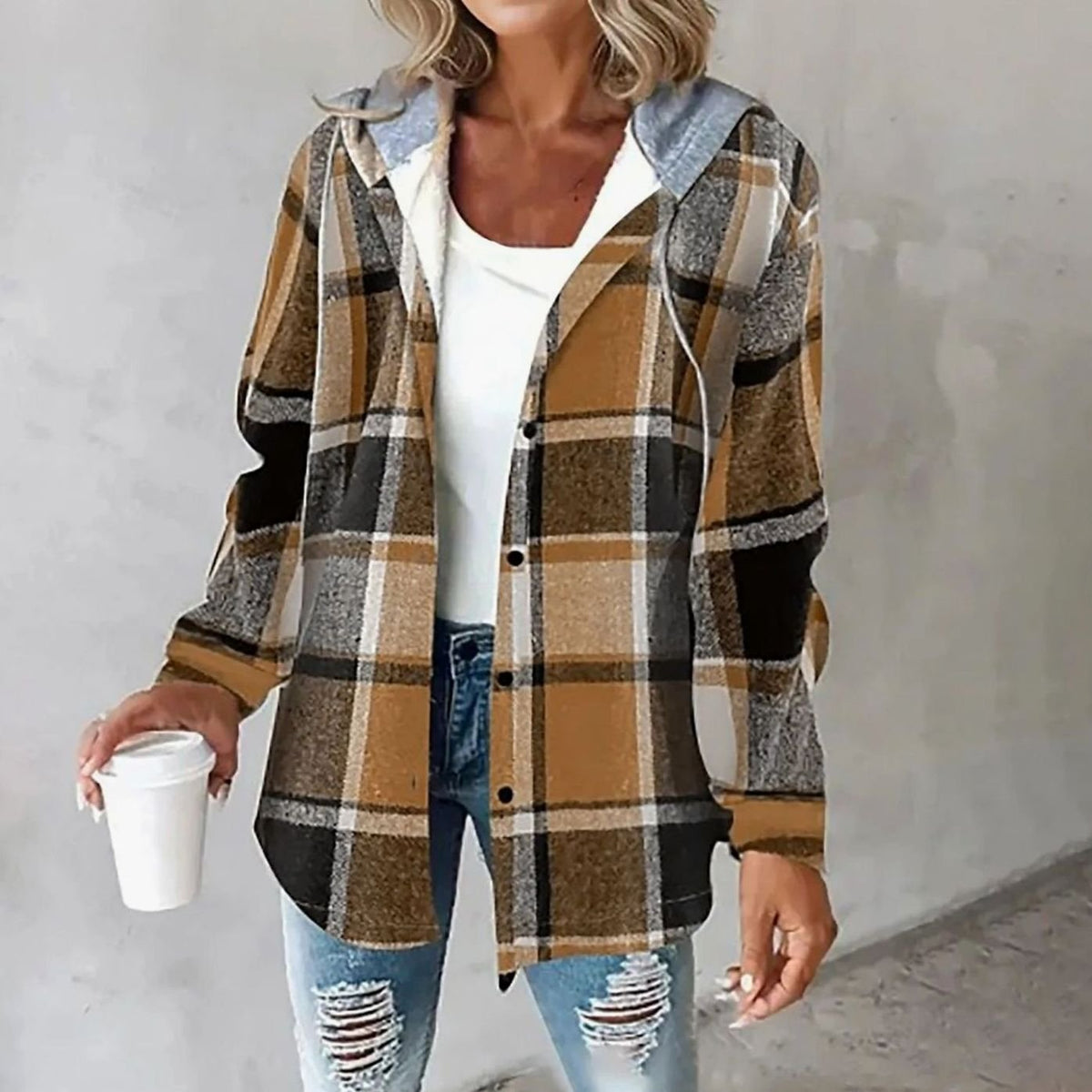 Women's relaxed-fit plaid winter shacket with hood and snap front, by Homixa, featuring a cozy, casual design for chilly days.