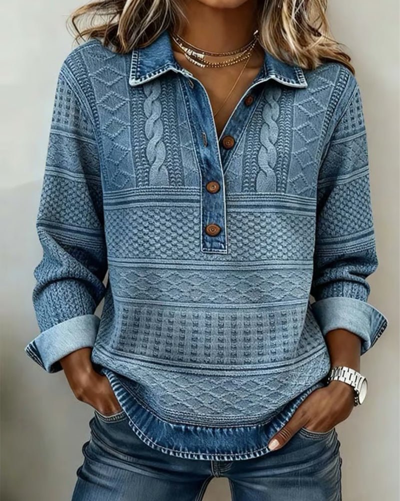Women's relaxed-fit textured sweater by Homixa featuring a half-button design, perfect for casual fall wear.