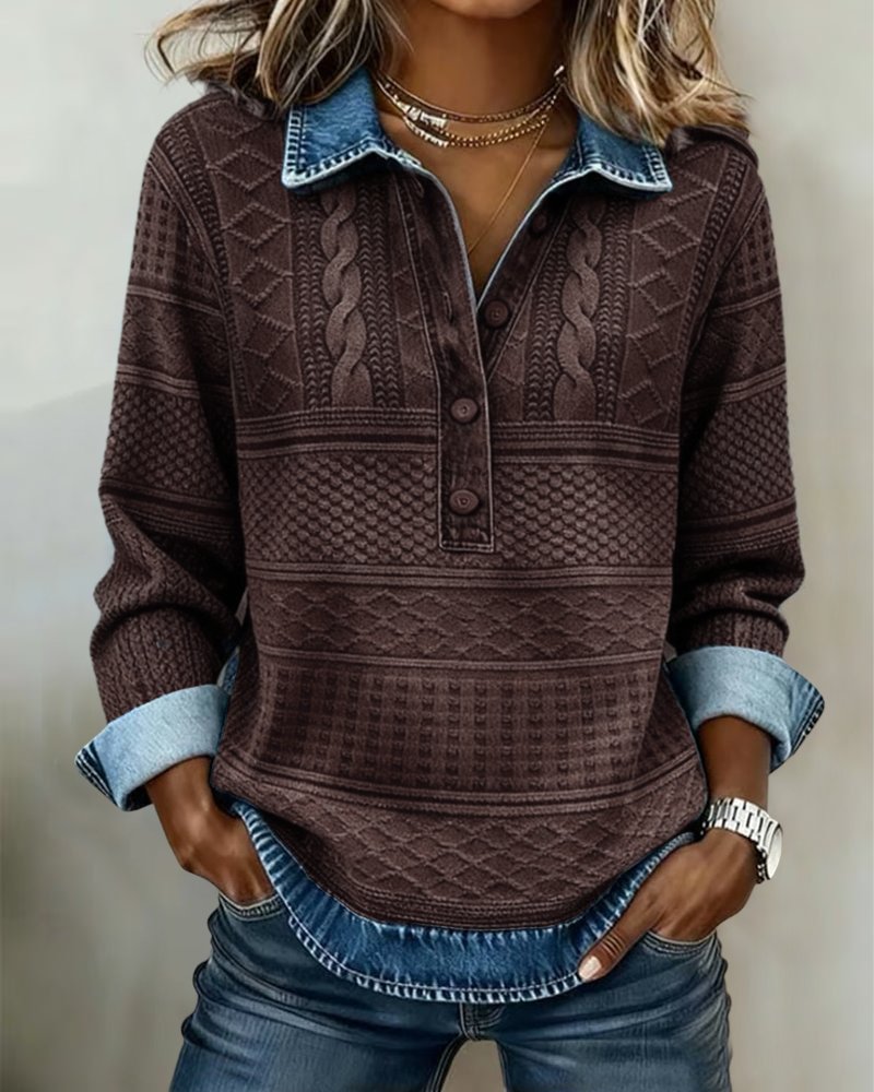 Women's relaxed-fit textured sweater with half-button front, perfect for fall, by Homixa, casual and stylish for everyday wear.