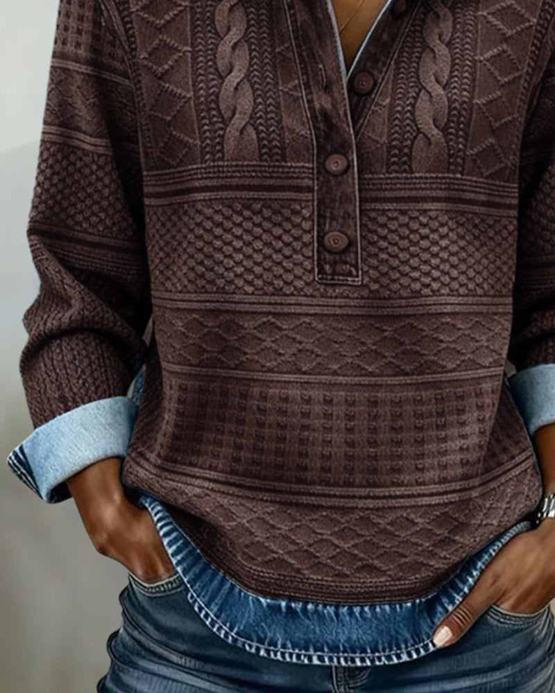 Women's casual relaxed-fit textured sweater with half-button design, perfect for fall, by Homixa.