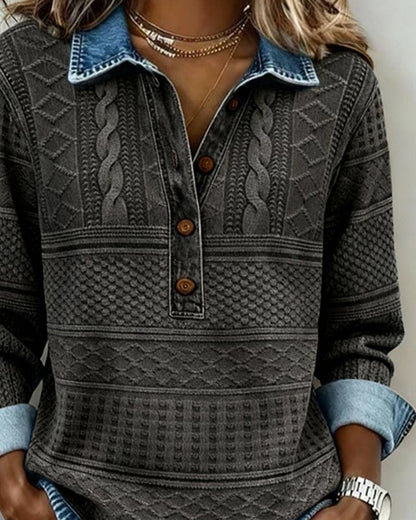Women's relaxed-fit textured sweater with half-button design, perfect for fall, by Homixa.