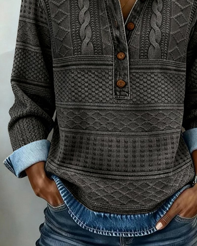 Women's relaxed-fit textured fall sweater by Homixa featuring a half-button front and casual, structured design.