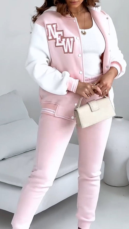 Women's casual streetwear bomber and jogger two-piece set by Homixa, featuring elastic waist and comfortable fit.