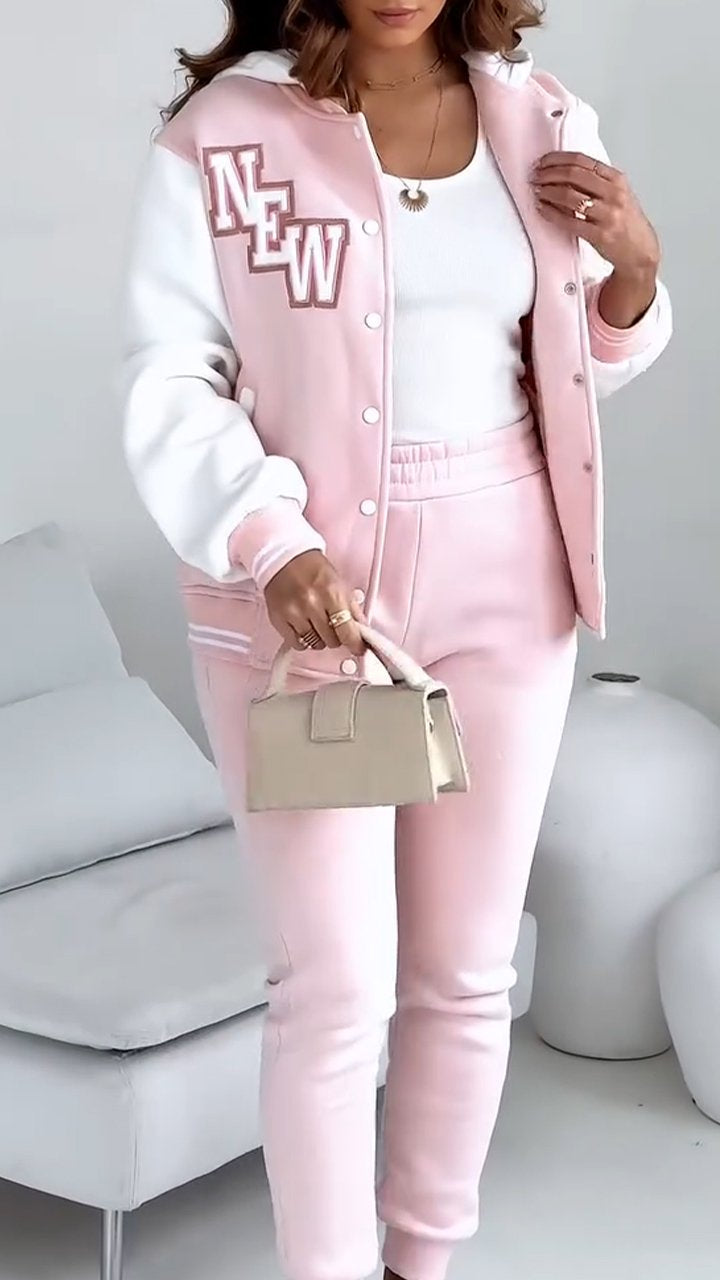 Women’s casual streetwear bomber and jogger two-piece set with elastic waist, featuring comfortable fabric and stylish fit by Homixa.