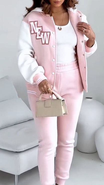 Women’s casual streetwear bomber and jogger two-piece set with elastic waist, featuring comfortable fabric and stylish fit by Homixa.
