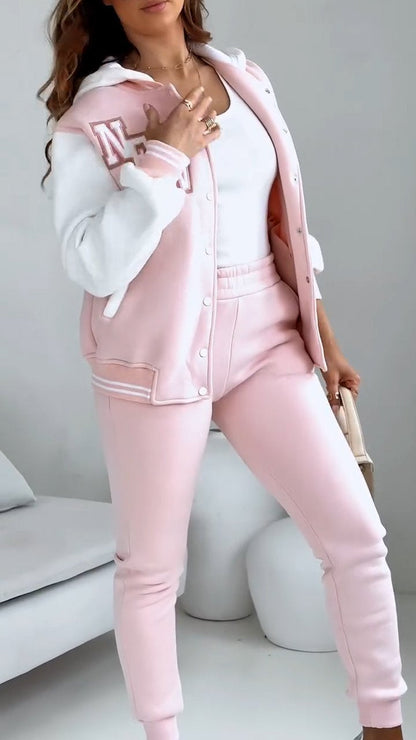Homixa women's casual streetwear bomber jacket and jogger pants two-piece set with elastic waist, comfortable and stylish.