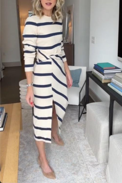 Homixa women's casual striped long-sleeve crew-neck midi dress with slit detail, featuring a comfortable fit and stylish design.