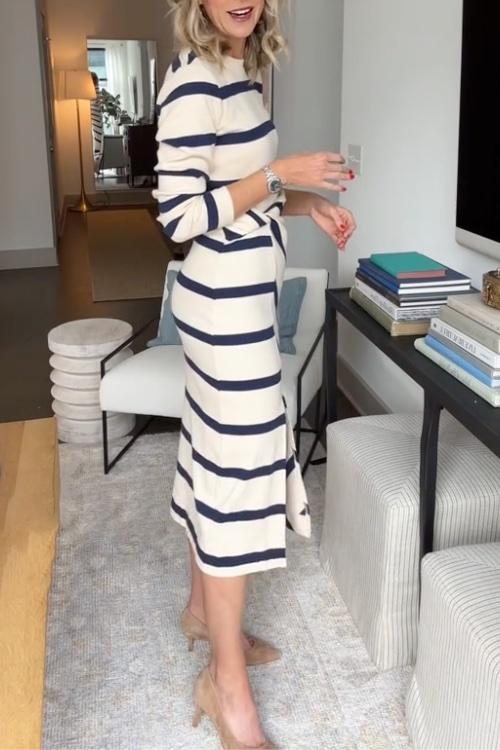 Women’s casual striped long-sleeve crew-neck midi dress with slit detail by Homixa, featuring a comfortable fit and stylish design.