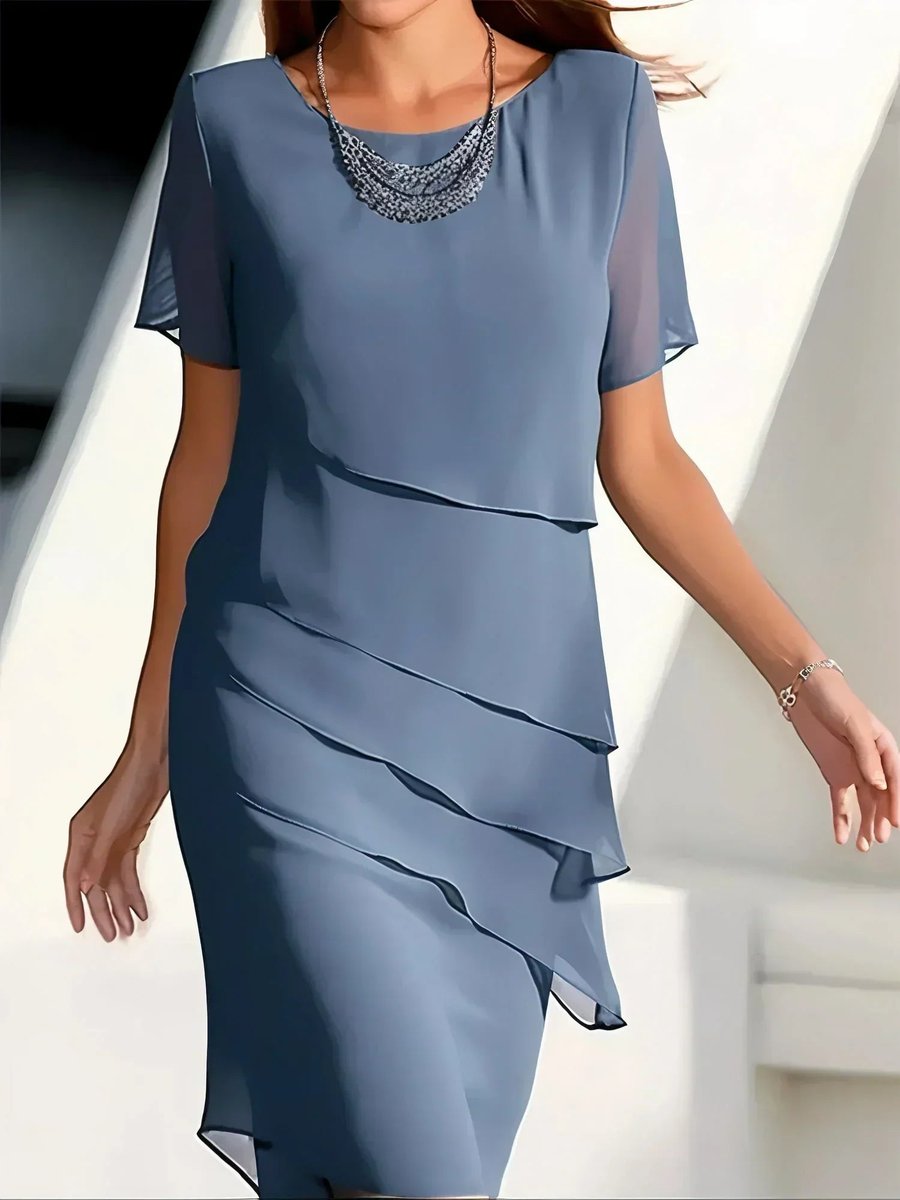 Elegant women's chiffon tiered-layer cocktail dress by Homixa featuring a crew neck and short flutter sleeves, styled for formal occasions.