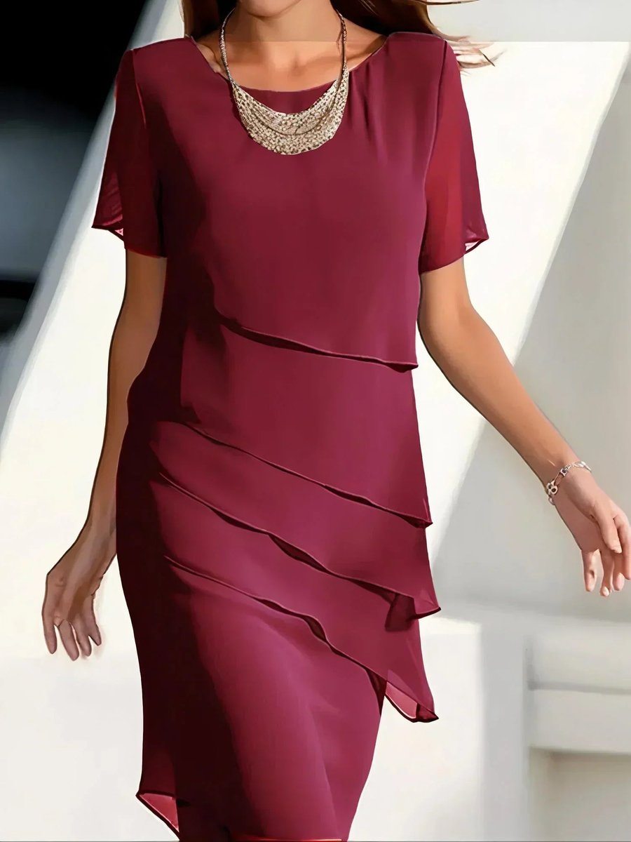 Women's chiffon tiered-layer cocktail dress with crew neck and short flutter sleeves, designed by Homixa.