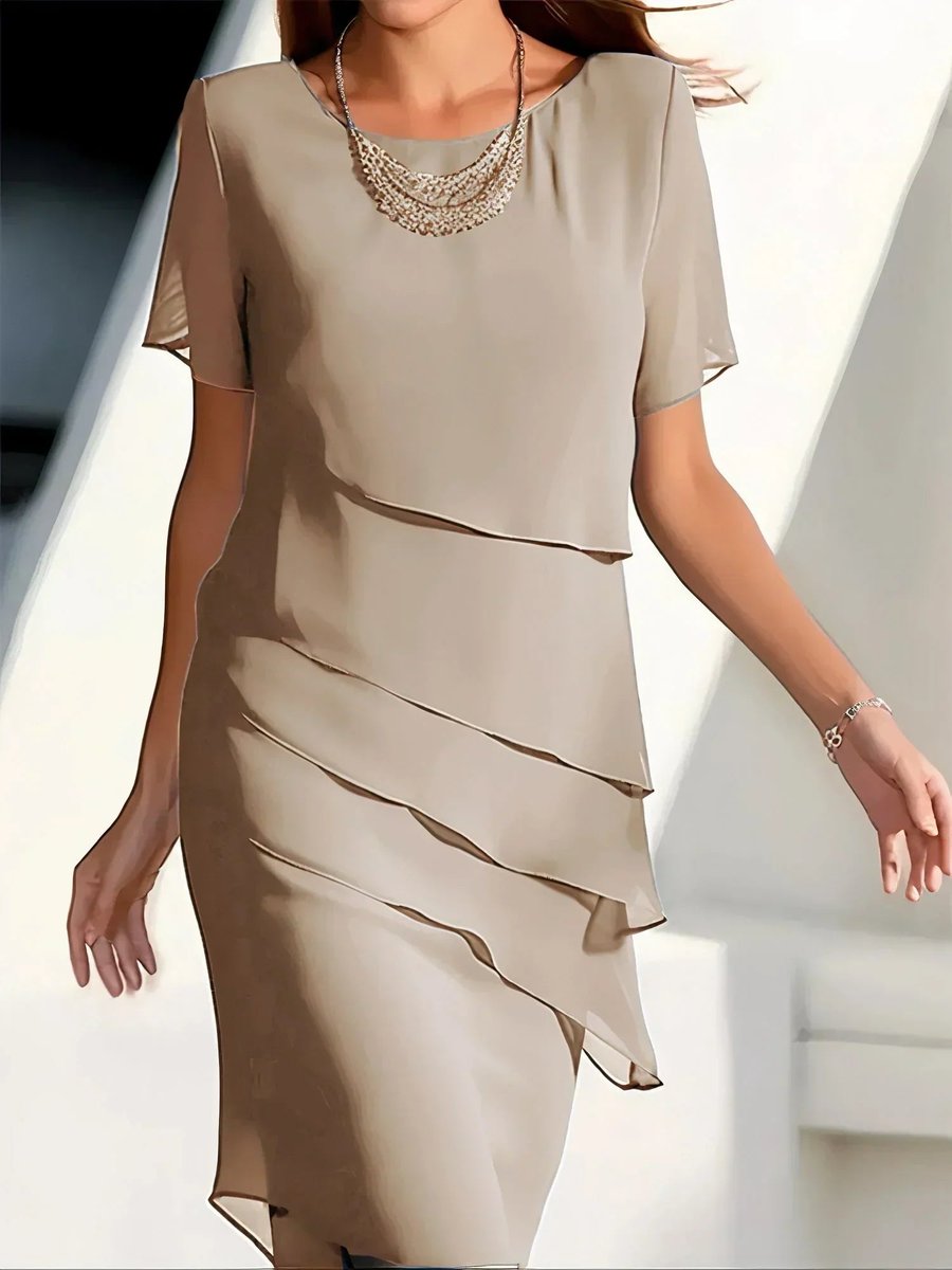 Women's chiffon tiered-layer cocktail dress by Homixa featuring a crew neck and short flutter sleeves, shown on a model.