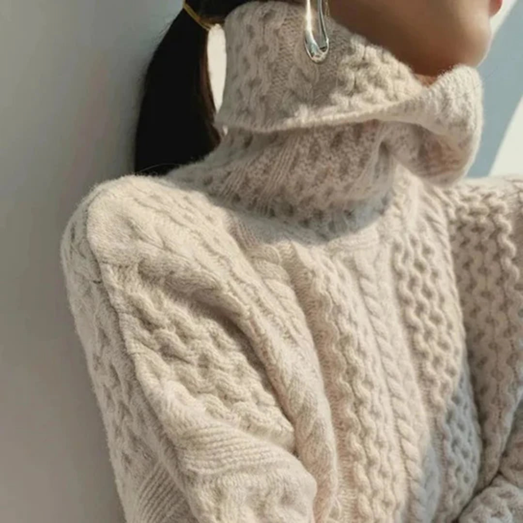 Homixa women's chunky cable-knit turtleneck sweater with ribbed hem and cuffs, cozy and stylish for cold weather.