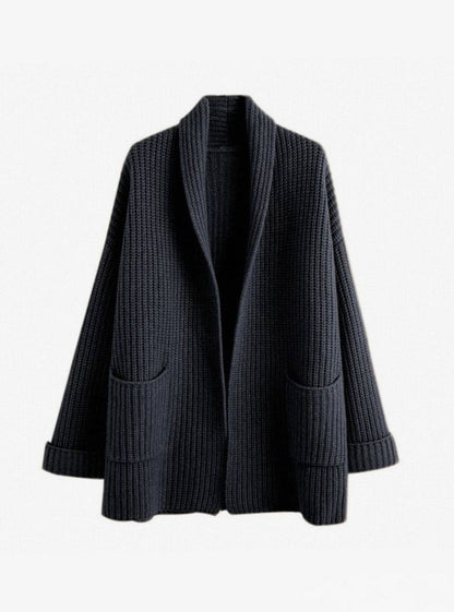 Women's oversized chunky-knit open-front longline winter cardigan with two patch pockets by Homixa.