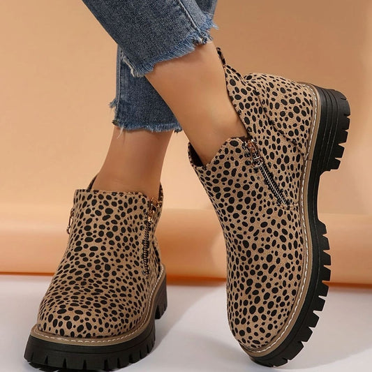 Homixa women's animal print chunky platform booties with side zip, cushioned insole, and lug sole for added style and comfort.
