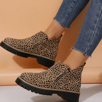 Homixa women's animal print chunky platform booties with side zip, cushioned insole, and lug sole for stylish comfort.