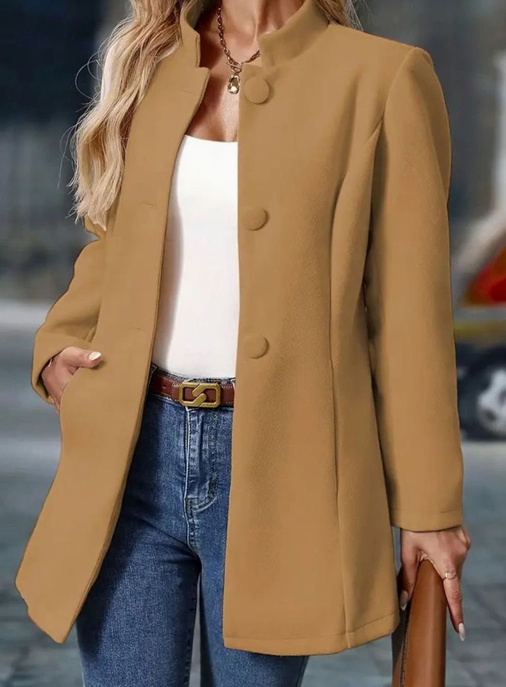 Women's Homixa classic button-front winter coat with stand collar and side pockets, stylish and warm for cold weather.