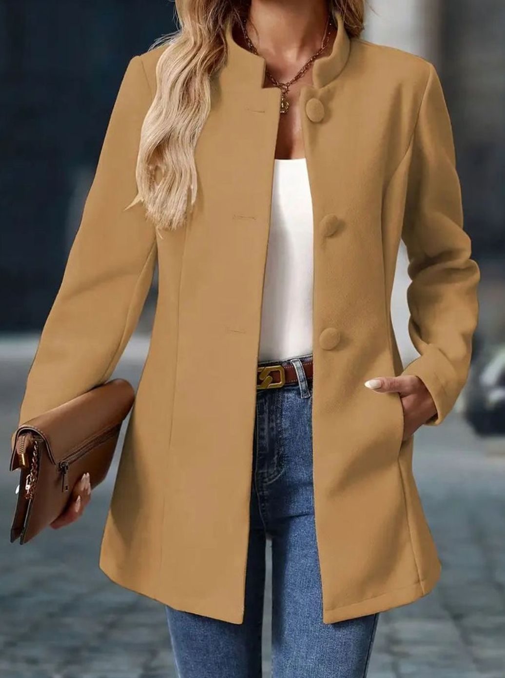 Women's Homixa classic button-front winter coat with stand collar and side pockets, stylish and warm for cold weather.