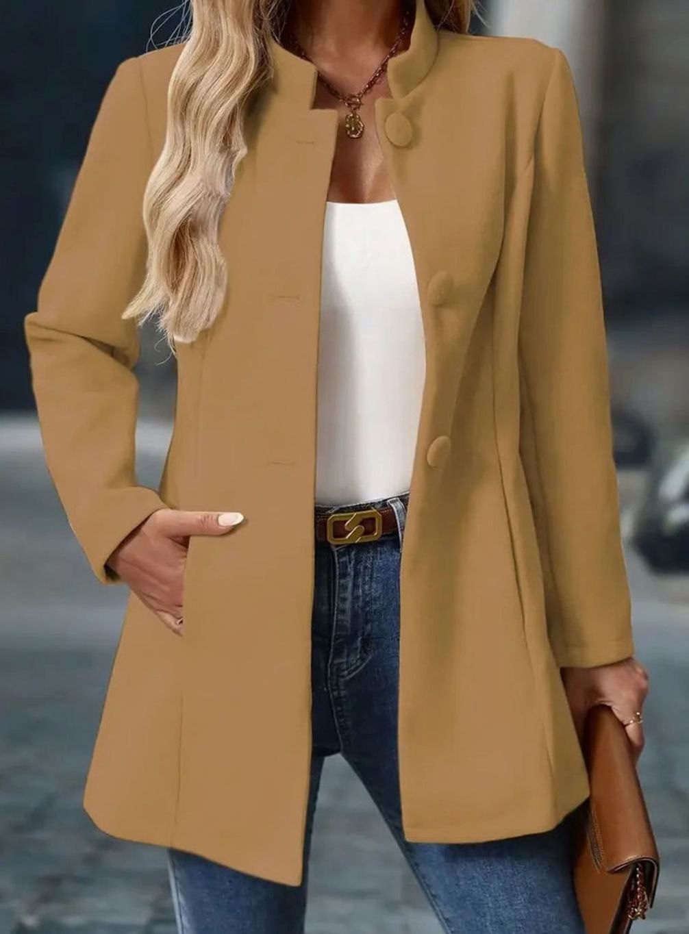 Women's Homixa winter coat with button-front, stand collar, and side pockets, perfect for cold weather.