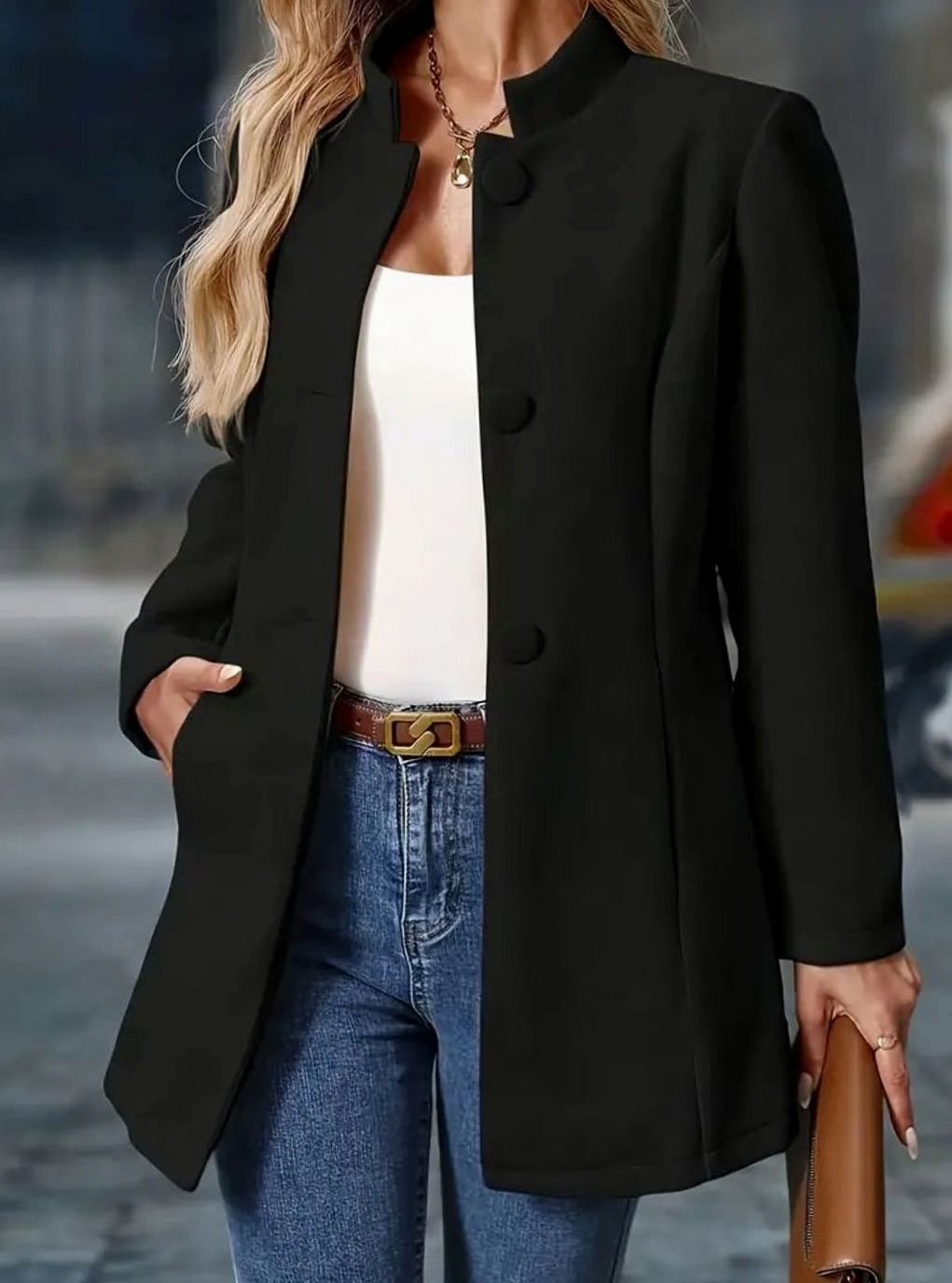 Homixa women's classic button-front winter coat with stand collar and side pockets, suitable for cold weather and stylish warmth.