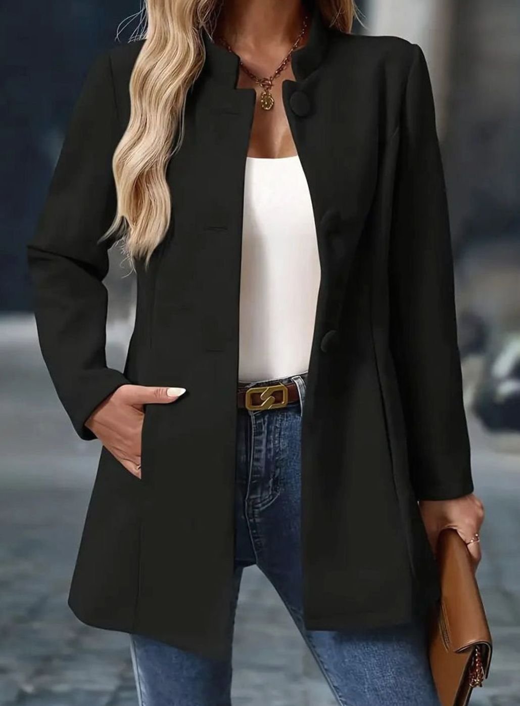 Homixa women's classic button-front winter coat with stand collar and side pockets, ideal for cold weather.