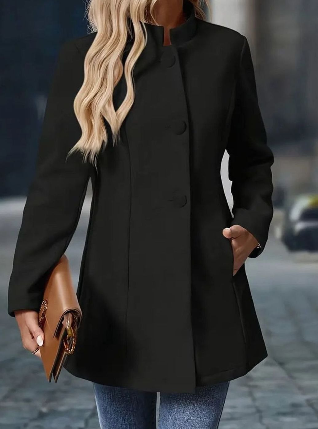 Women's Homixa classic winter coat with button-front closure, stand collar, and side pockets, perfect for cold weather.