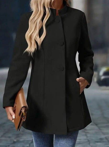 Women's Homixa classic winter coat with button-front closure, stand collar, and side pockets, perfect for cold weather.
