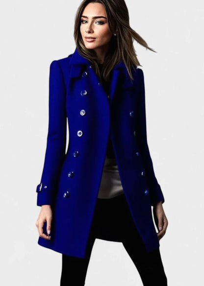 Women's classic fitted wool trench coat with double-breasted design and gold buttons by Homixa, shown on a model.