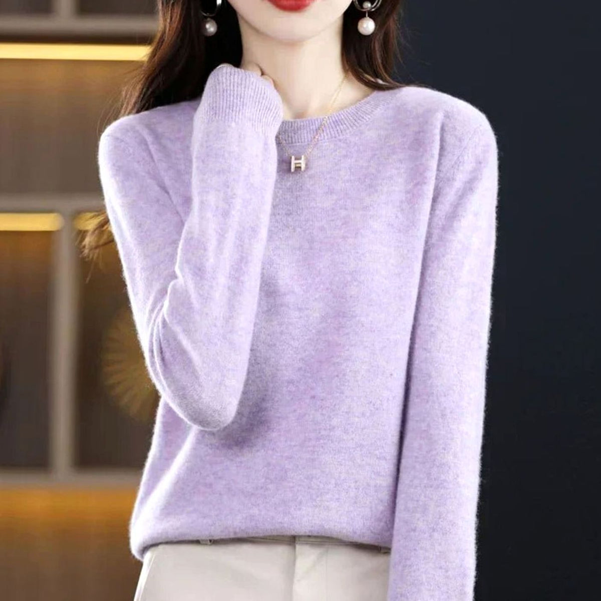 Women's long-sleeve crew-neck knit sweater by Homixa with a cashmere-like soft, cozy texture and classic style.