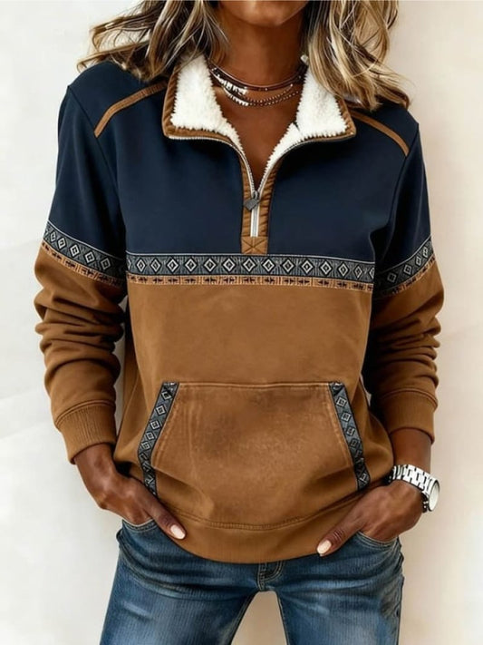 Women's color-block fleece quarter-zip sweater by Homixa with kangaroo pocket and soft collar, cozy and stylish for casual wear.