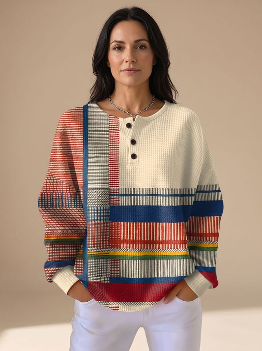 Women's color-block waffle-knit sweater by Homixa featuring a button neck and cozy fleece-like lining.