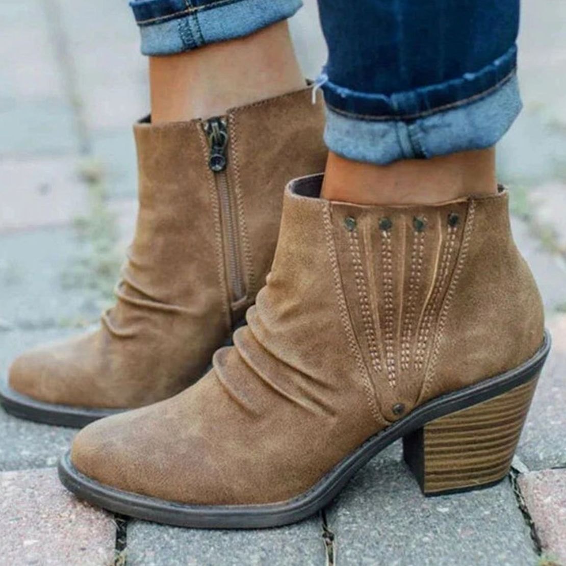 Women’s casual faux leather ankle booties with block heel and side zipper by Homixa, featuring comfortable design and stylish look.