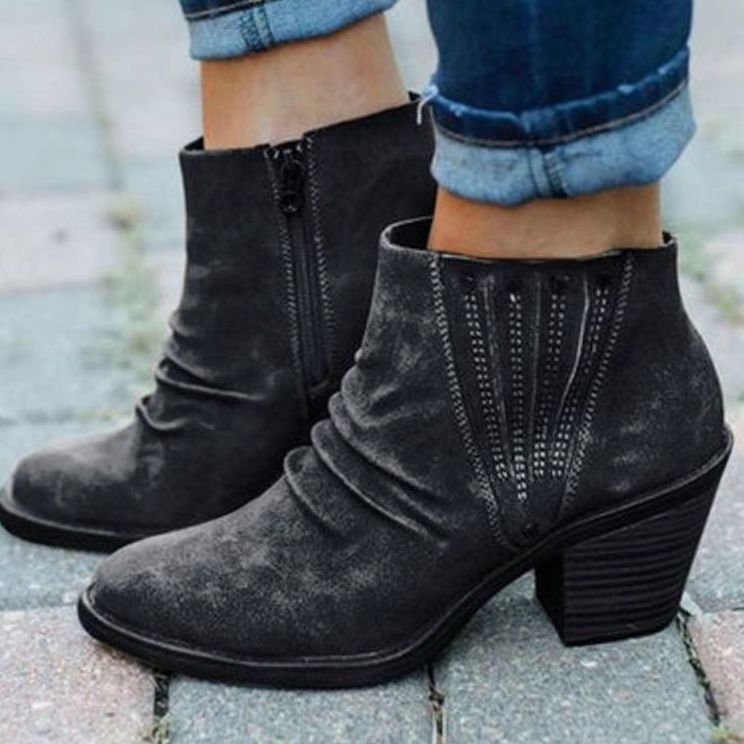 Women's casual faux leather ankle booties with block heels and side zipper by Homixa, featuring a comfortable, stylish design.