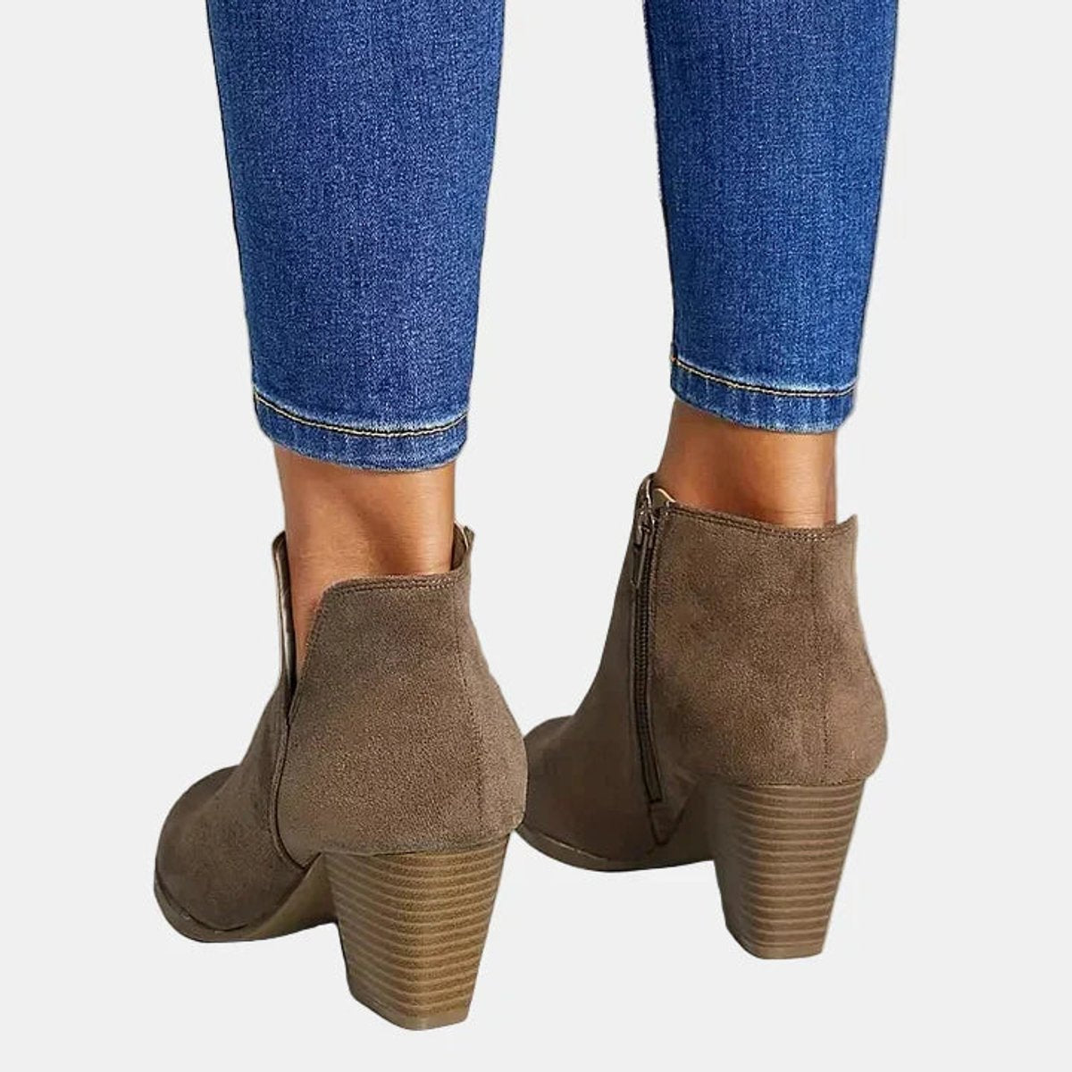 Homixa women's suede-look block heel booties with side zipper and lined insole, stylish and comfortable for everyday wear.