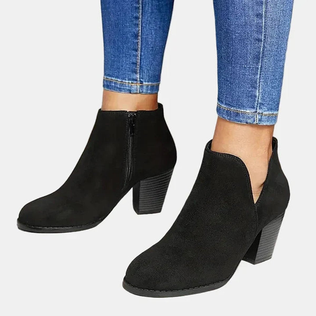 Women's suede-look block heel booties by Homixa with side zip and lined insole, featuring a stylish and comfortable design.